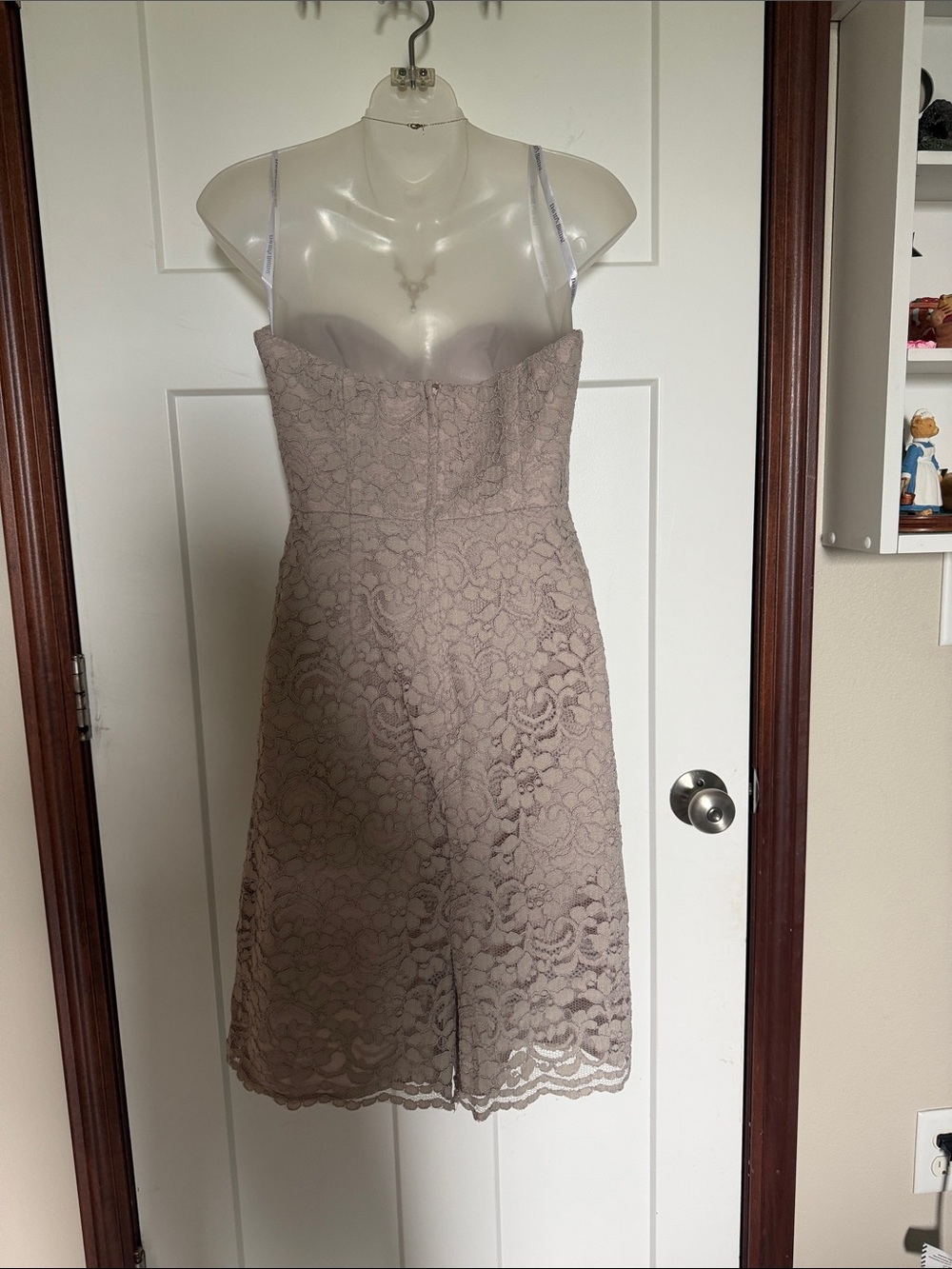 David's Bridal Strapless Lace Midi Dress in Taupe